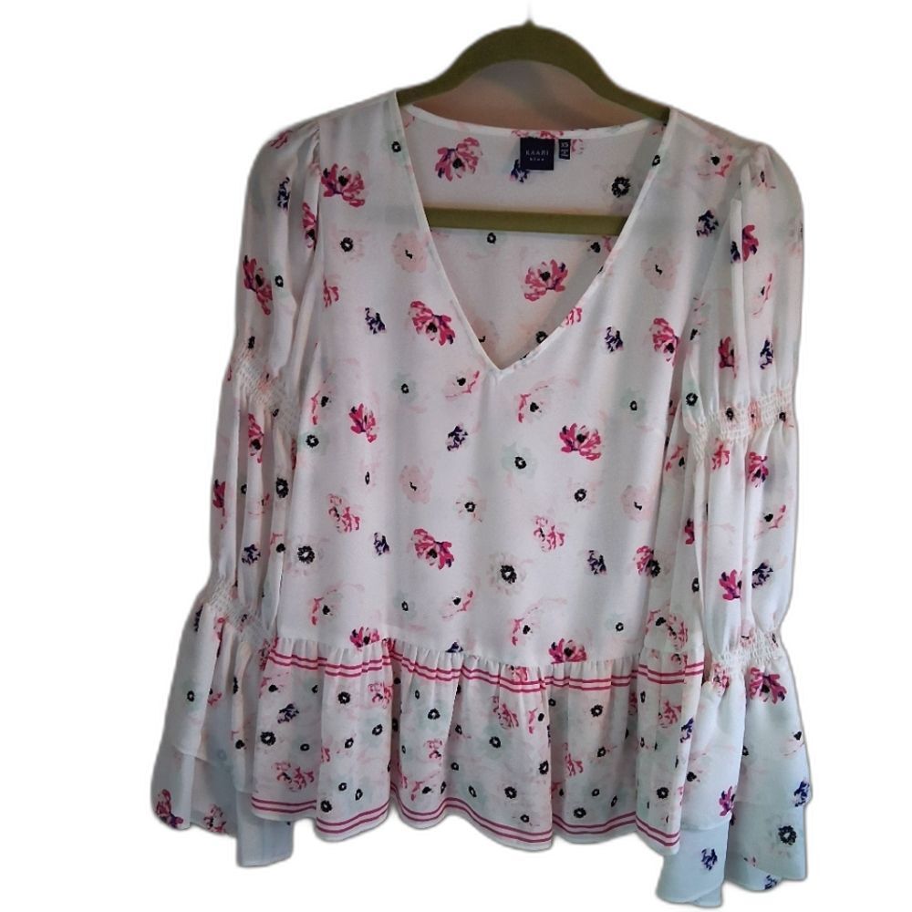 Kaari Blue Floral V-Neck Blouse White and Pink